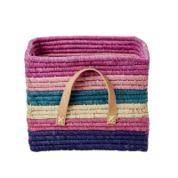 Striped Square Raffia Basket Tan Leather Handles Rice